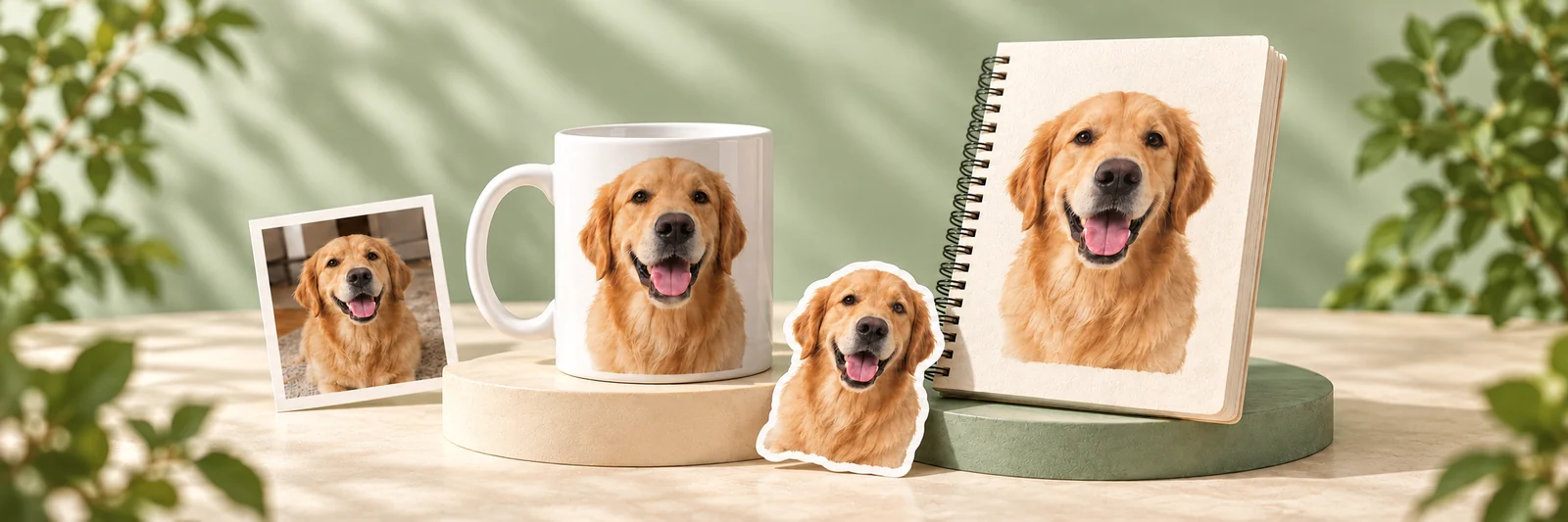 One golden retriever photo becomes a matching mug, spiral notebook, and die-cut sticker, arranged on cream and sage pedestals.